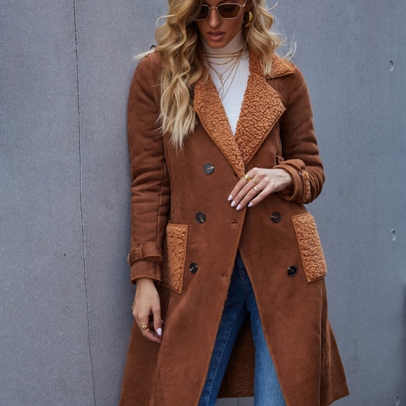 vegan suede rust teddy shearling lined trench coat - Picture 3 of 6